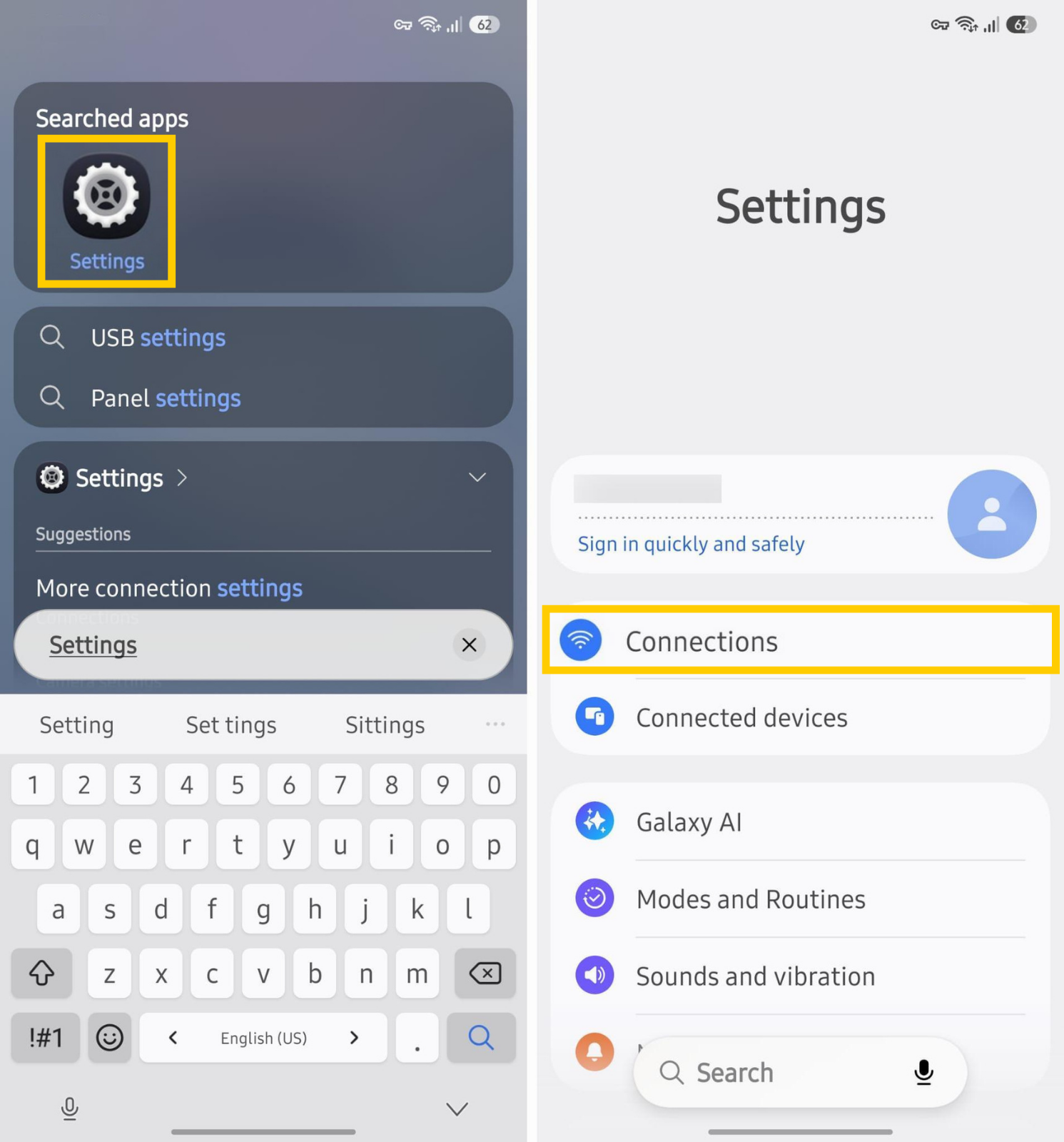 Android network and connections settings menu navigation.