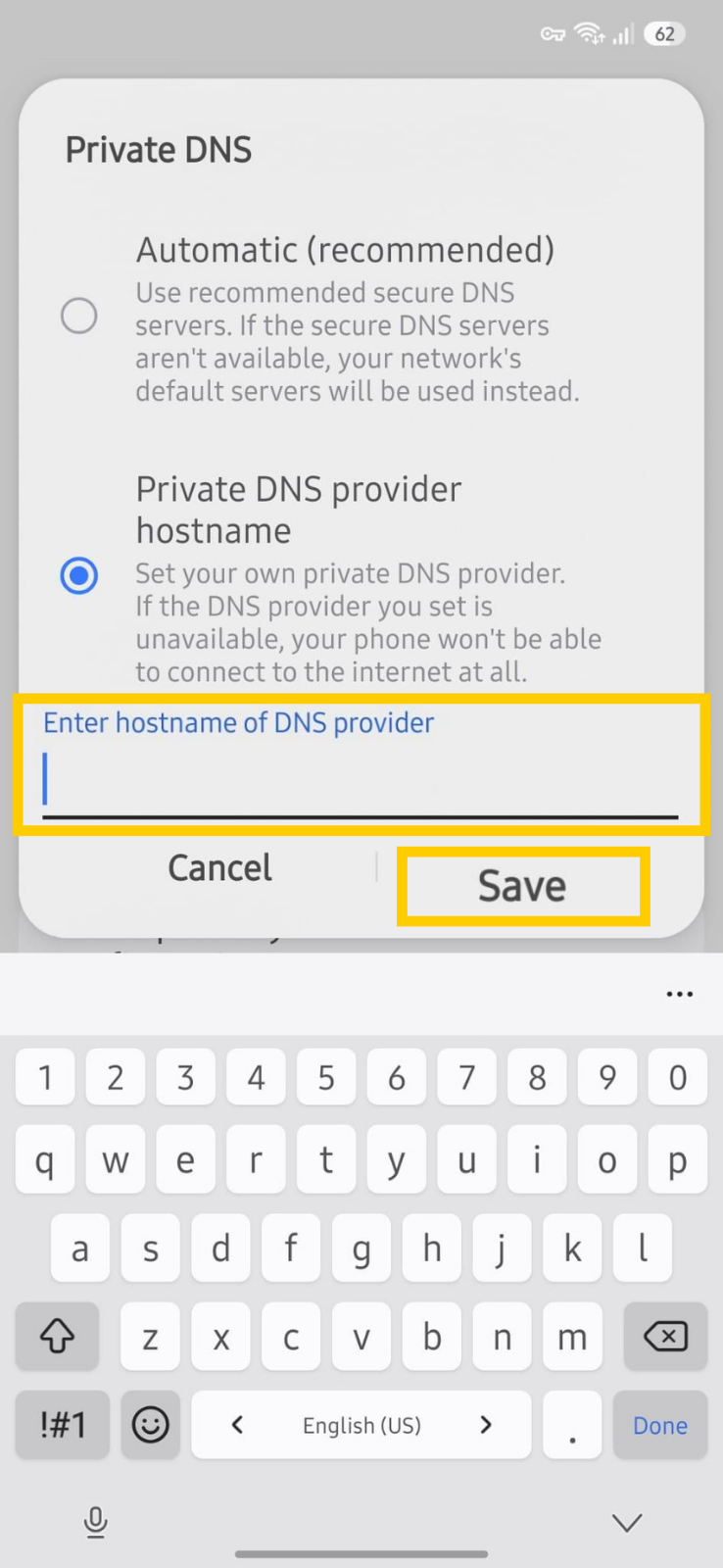 DNS hostname field and save option.