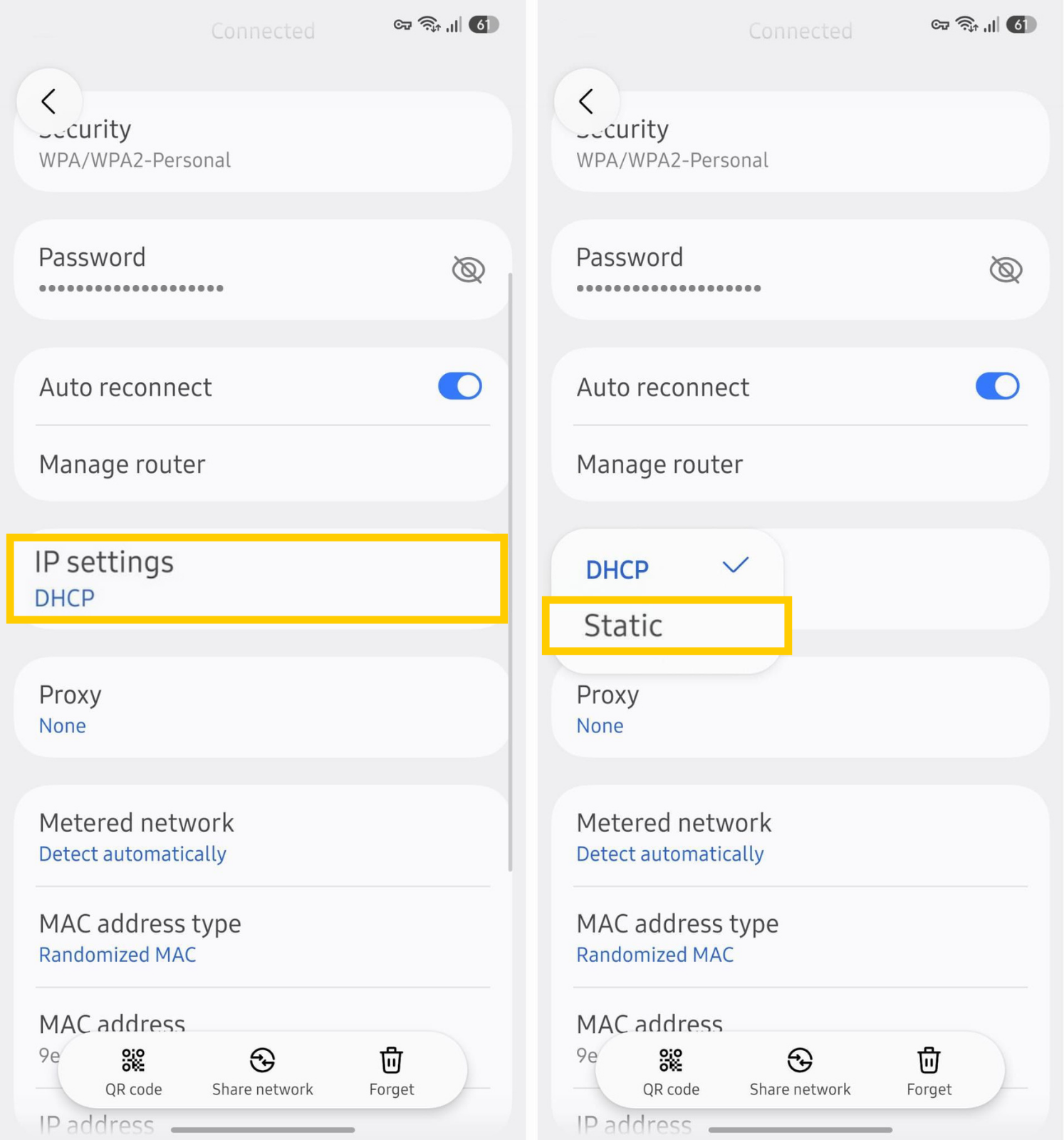 Wi-Fi IP settings with option to switch between DHCP and Static IP.
