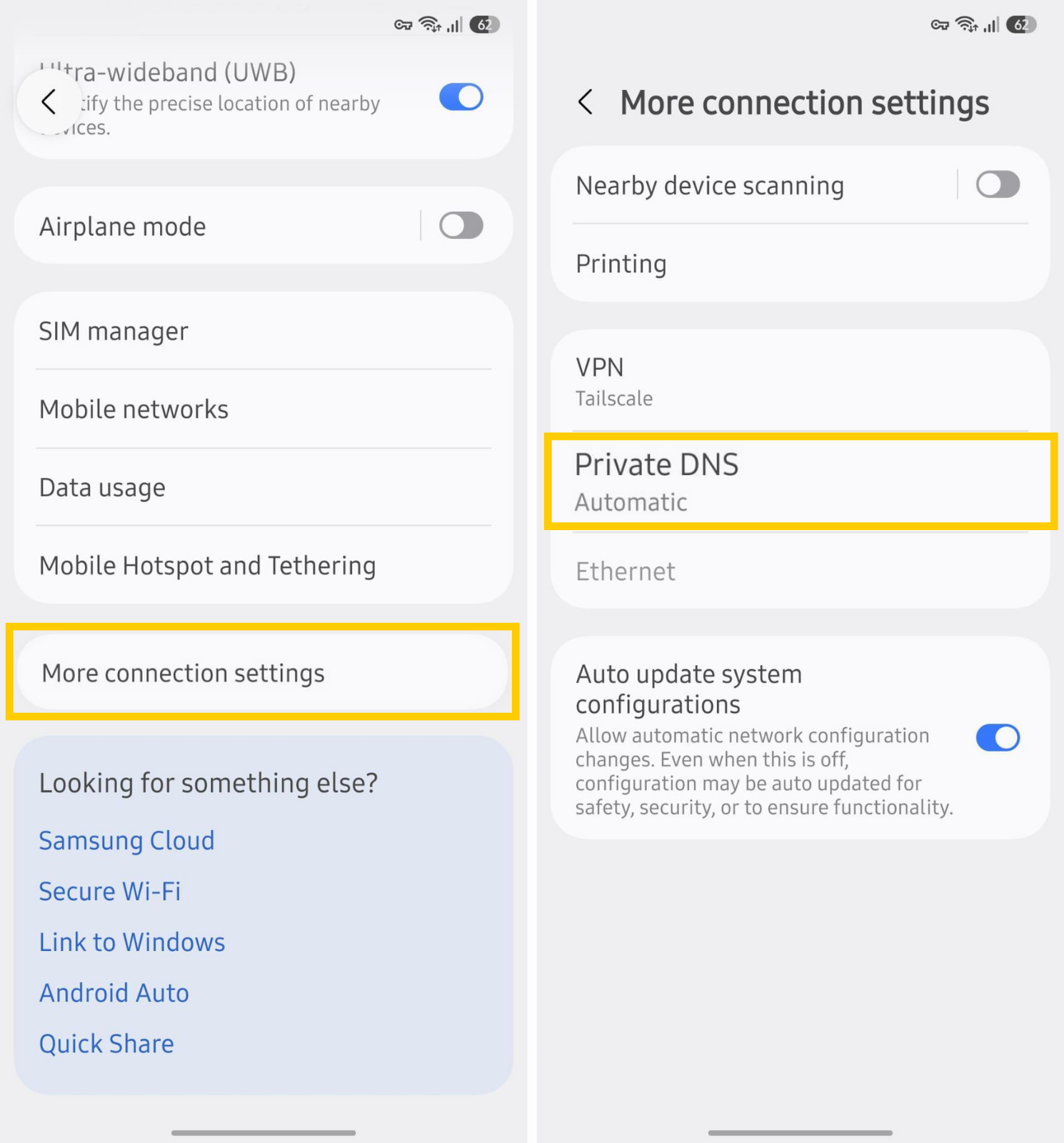Private DNS menu in Android network settings.