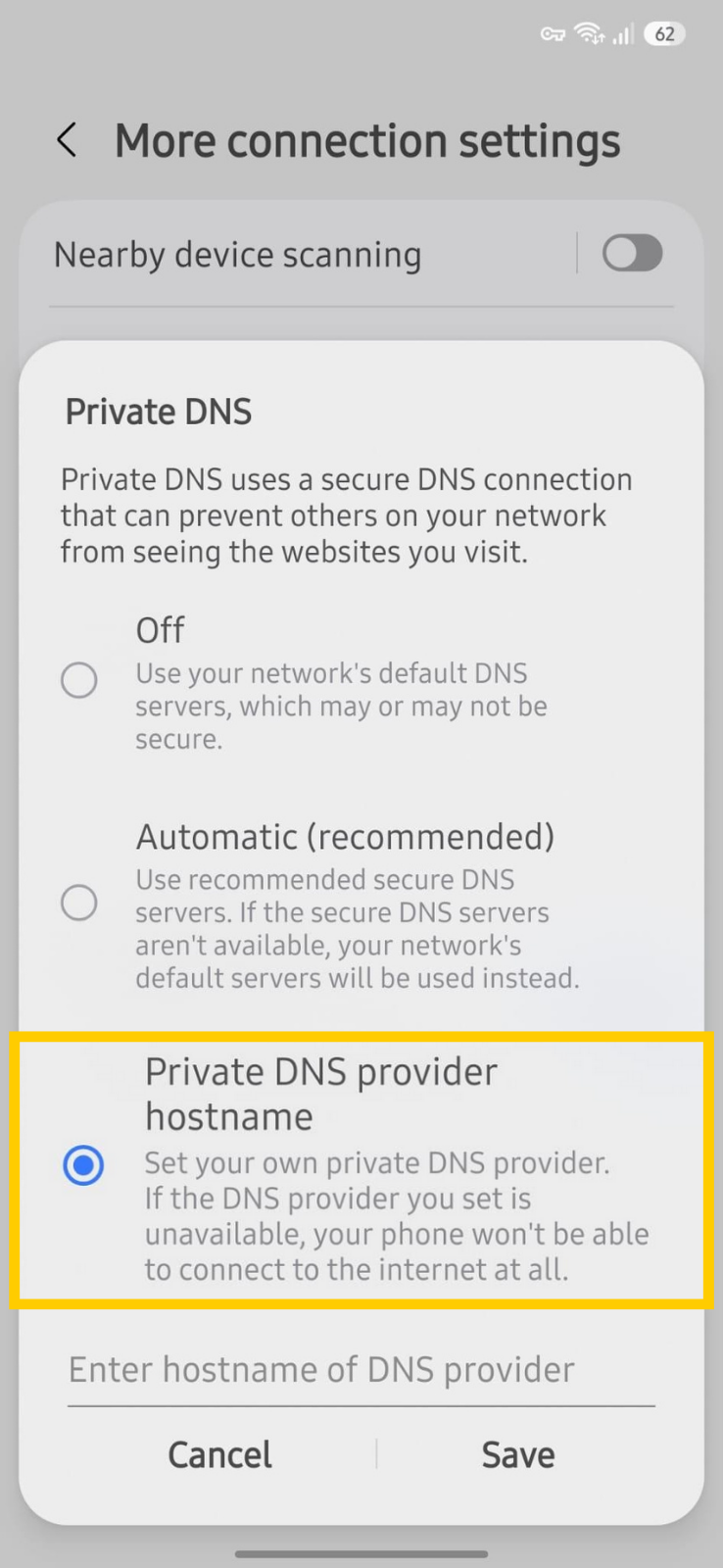 Switching Android DNS servers to a private provider.