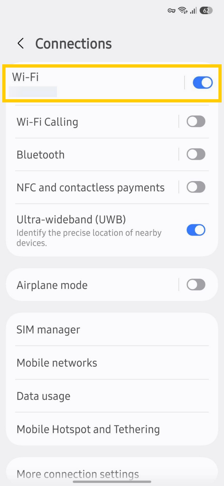 Wi-Fi network menu and toggle.
