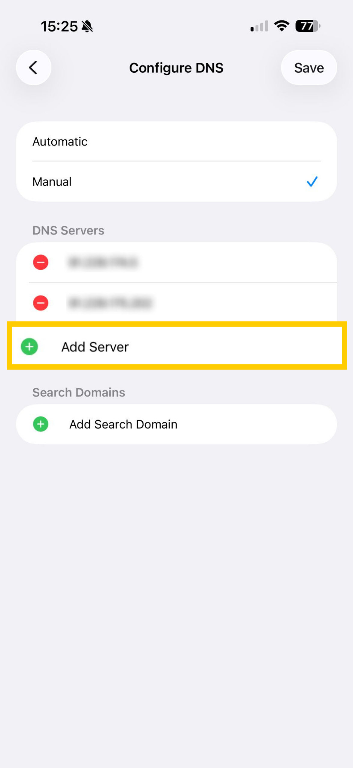 iOS Configure DNS settings showing Add Server highlighted.
