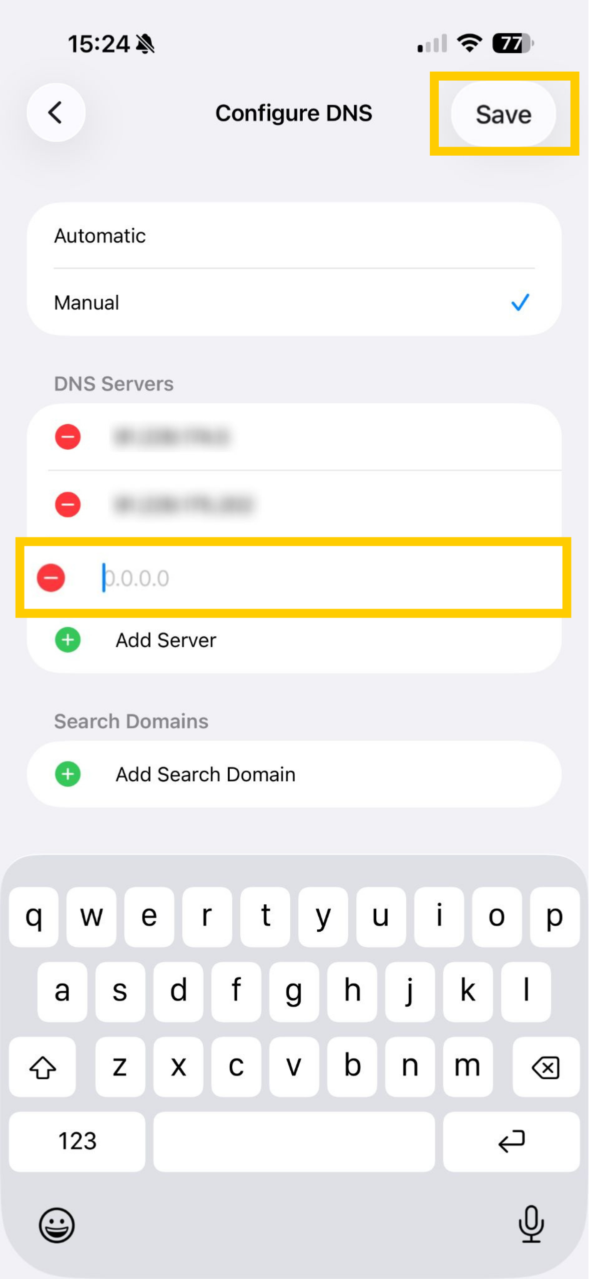 iOS Configure DNS settings showing DNS server address field and Save button highlighted.