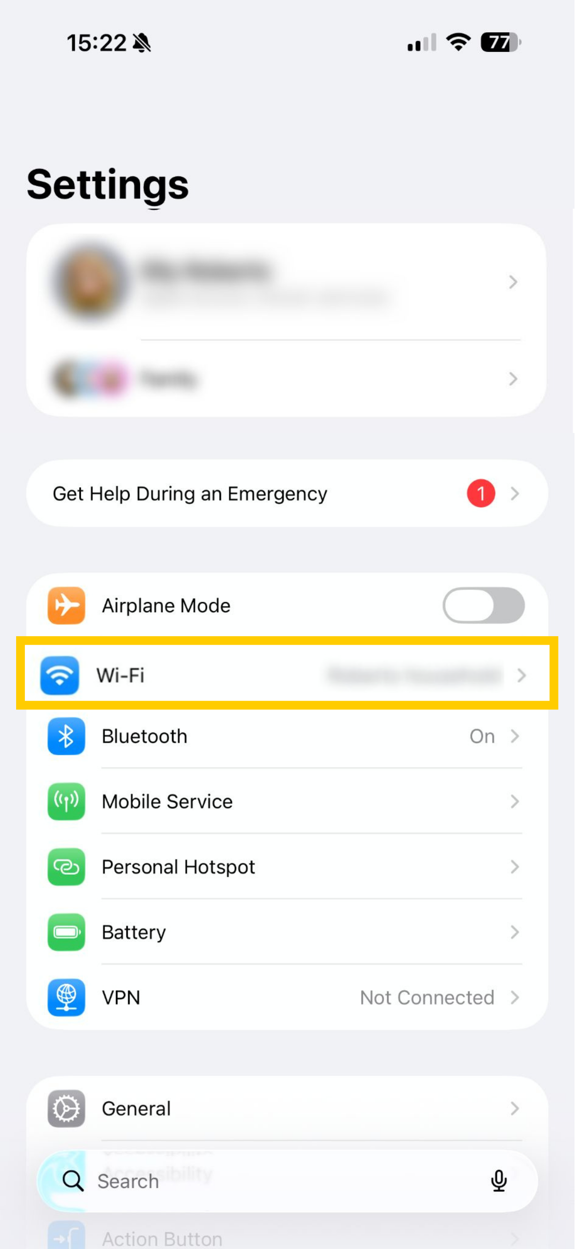 iOS settings showing Wi-Fi highlighted.