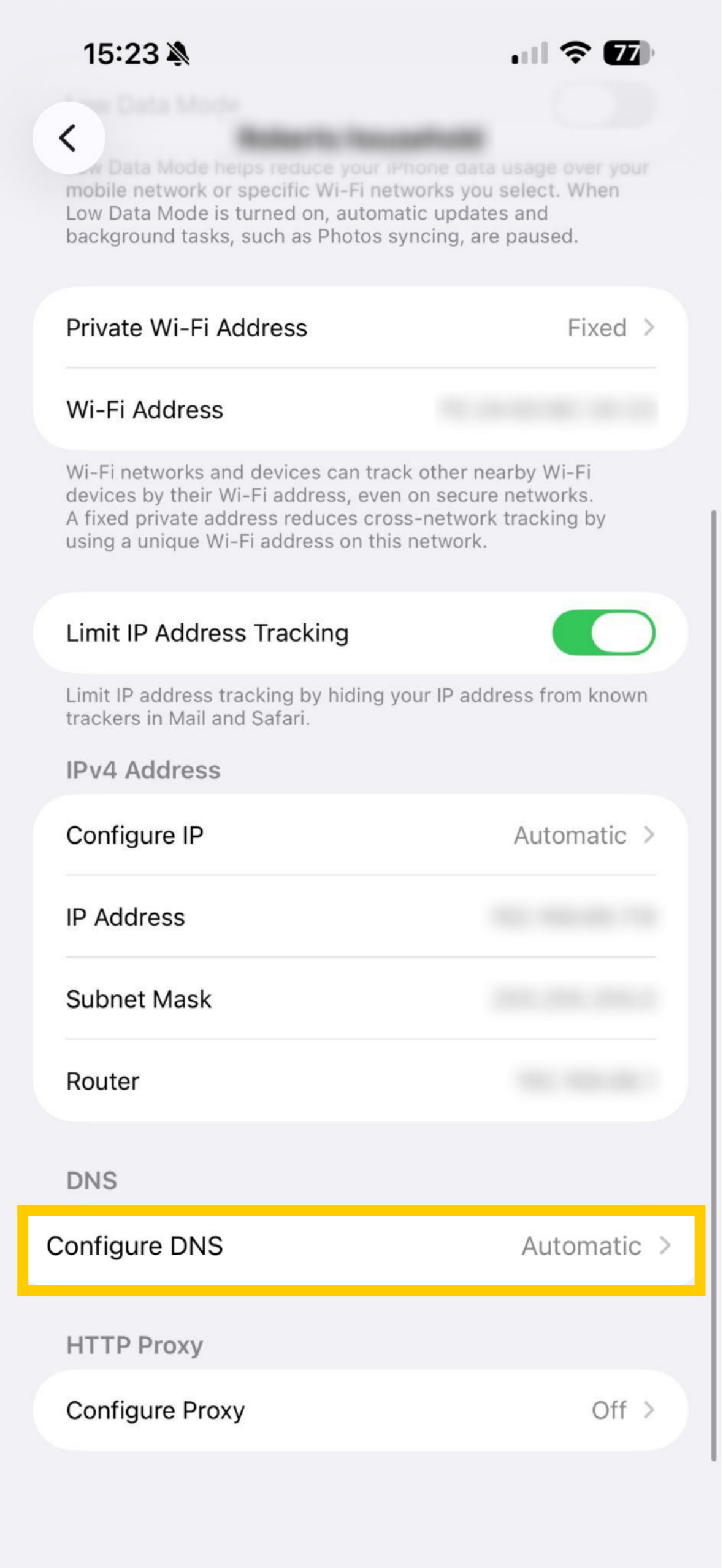 iOS Wi-Fi settings showing Configure DNS highlighted.