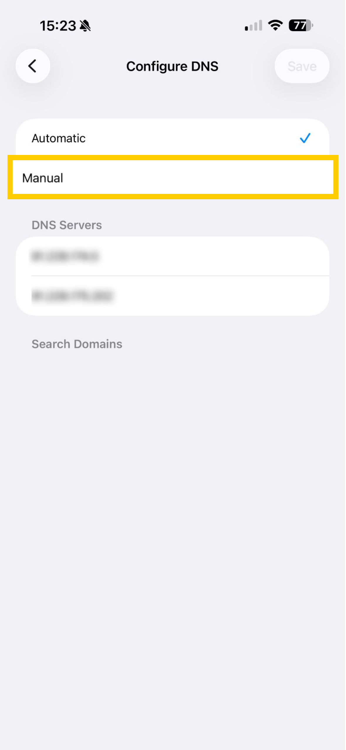 iOS Configure DNS settings showing manual highlighted.
