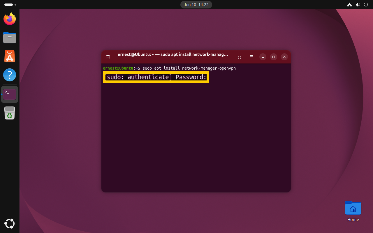 The terminal window showing the authentication password prompt highlighted in a yellow box.
