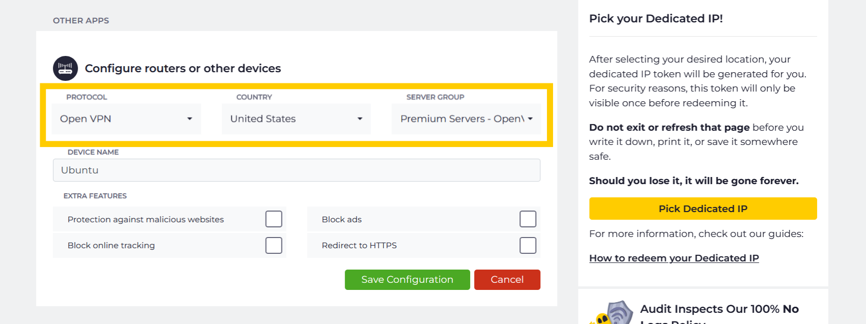 The "Configure routers or other devices" setup screen with the protocol, country, and server group dropdown menus highlighted in a yellow box.