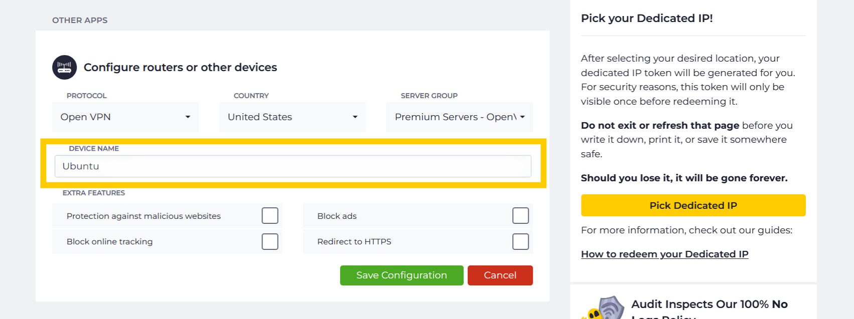 The "Configure routers or other devices" setup screen with the "Device Name" text field highlighted in a yellow box.