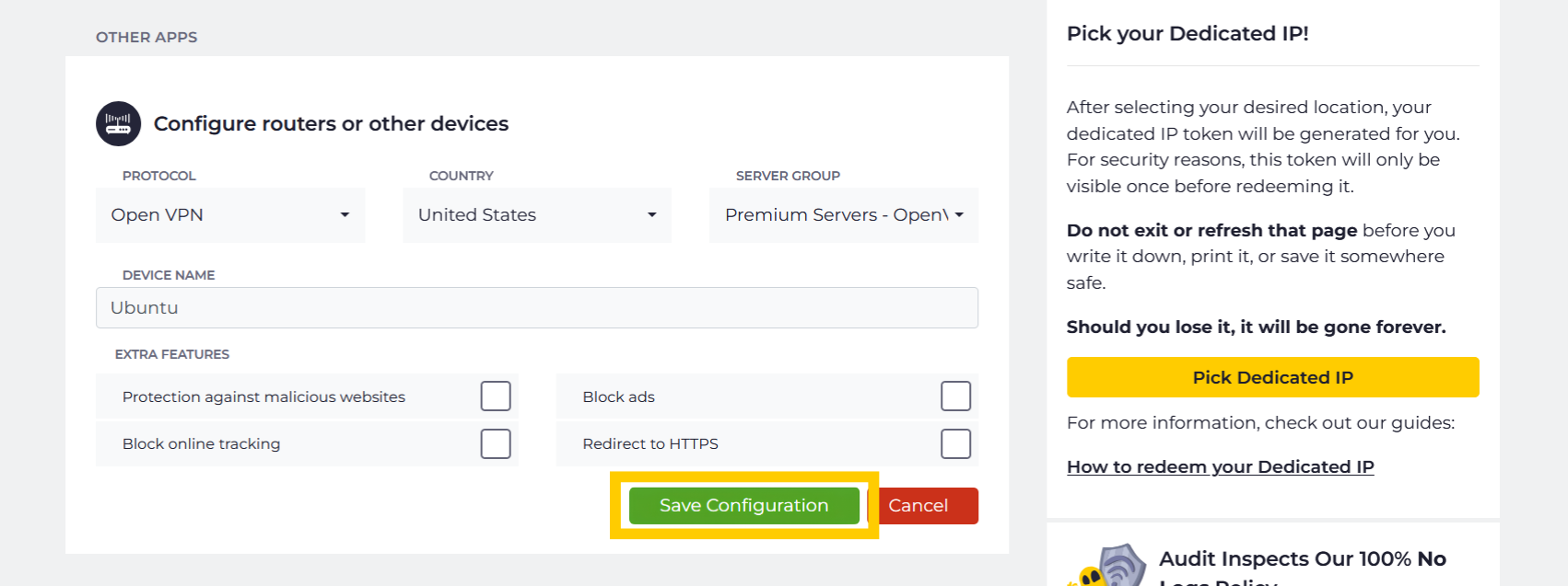 The "Configure routers or other devices" setup screen with the "Save Configuration" button at the bottom highlighted in a yellow box.