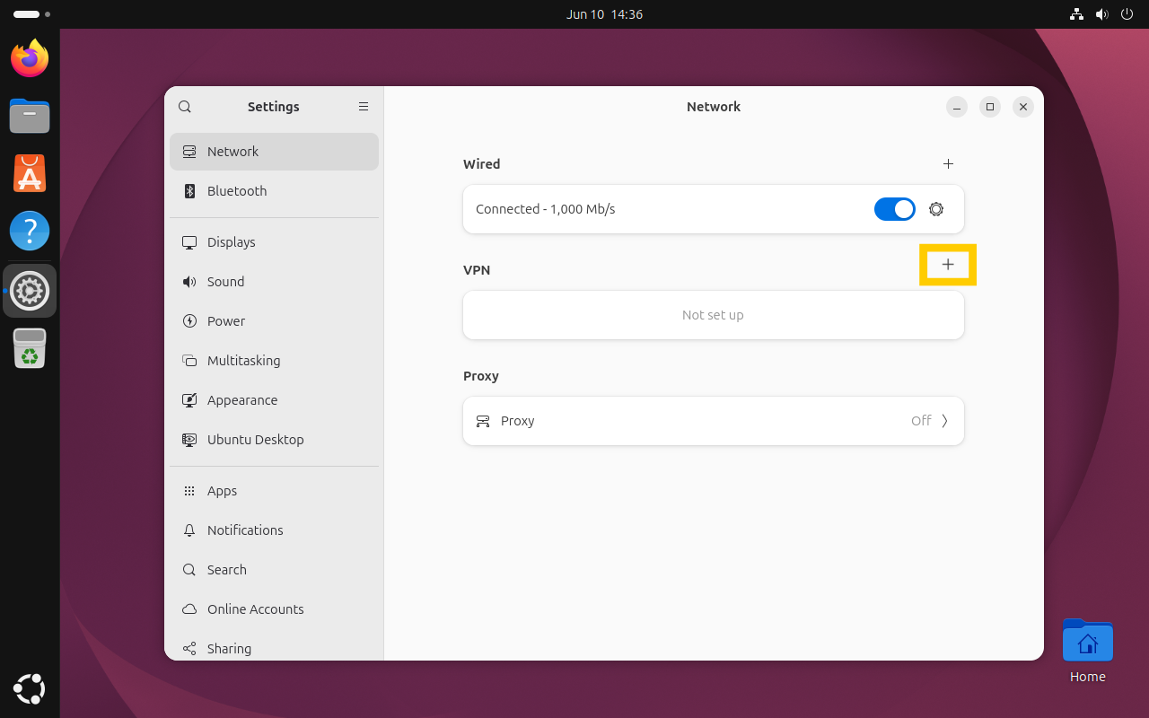 The Ubuntu Network settings panel with the plus (+) button next to "VPN" highlighted in a yellow box.