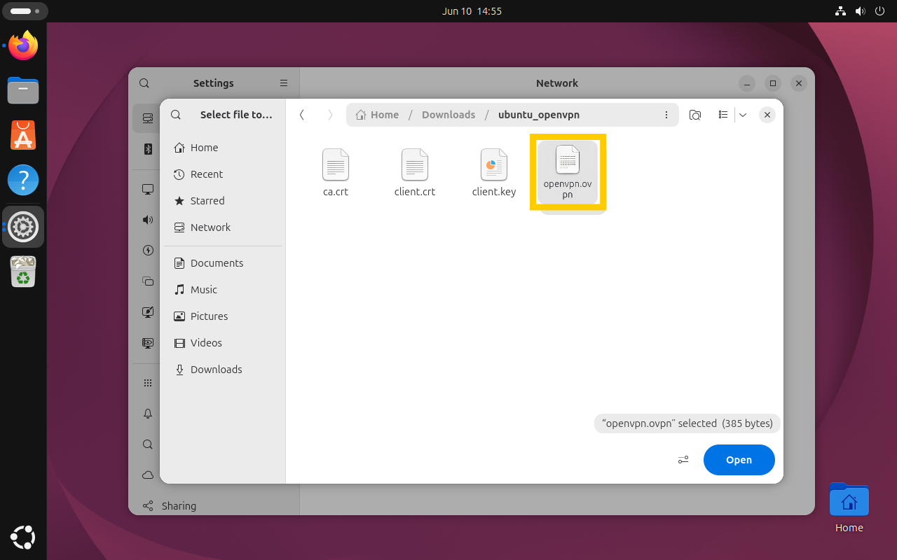The file picker window with the openvpn.ovpn file selected and highlighted in a yellow box.