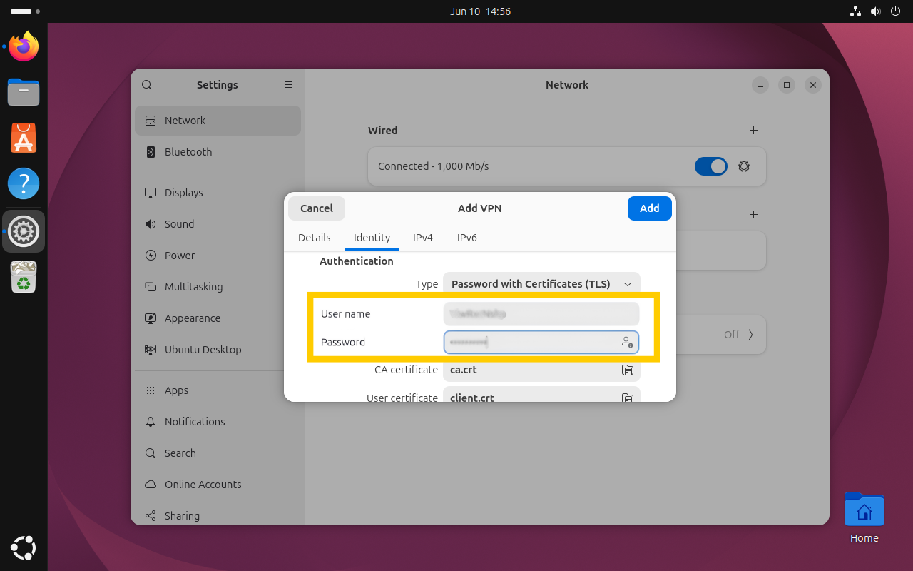 The "Add VPN" identity configuration window with the "User name" and "Password" fields highlighted in a yellow box.