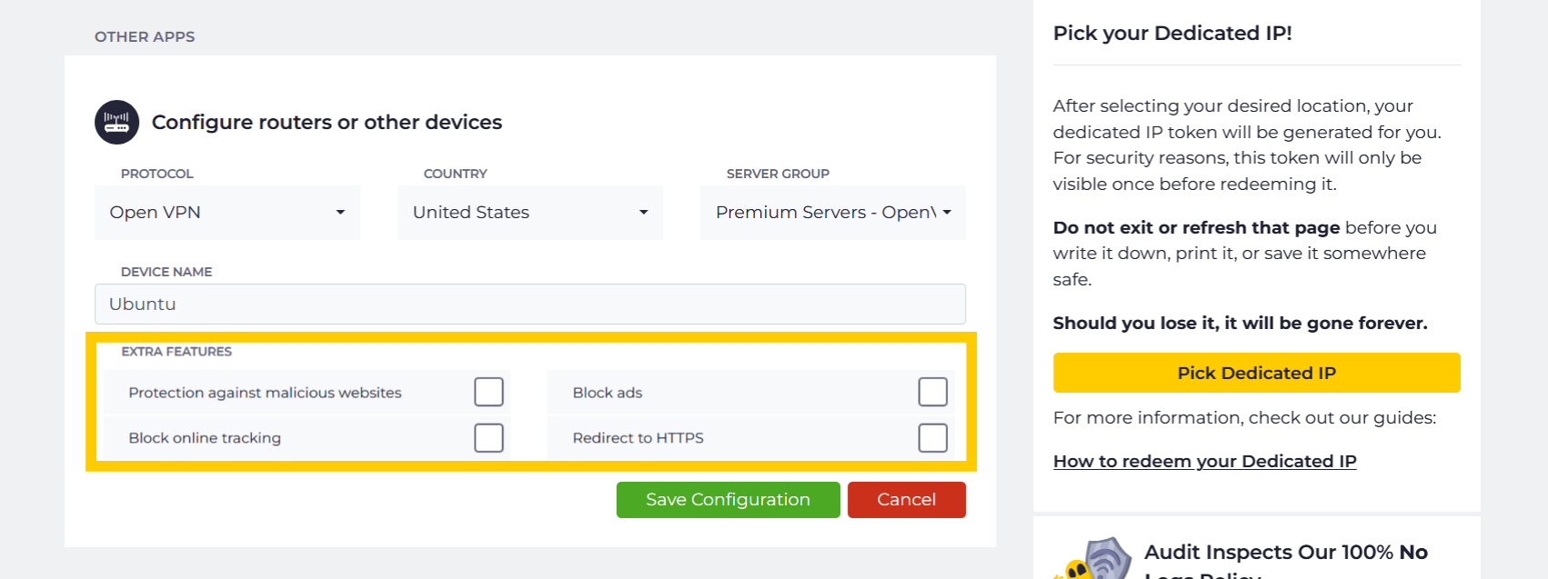 The "Configure routers or other devices" setup screen with the "Extra Features" checkboxes highlighted in a yellow box.