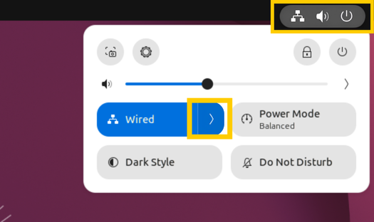  The Ubuntu top-right system status menu with the network/volume/power area highlighted in a yellow box.