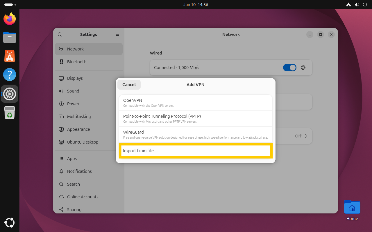 The "Add VPN" dialog box with the "Import from file..." option highlighted in a yellow box.