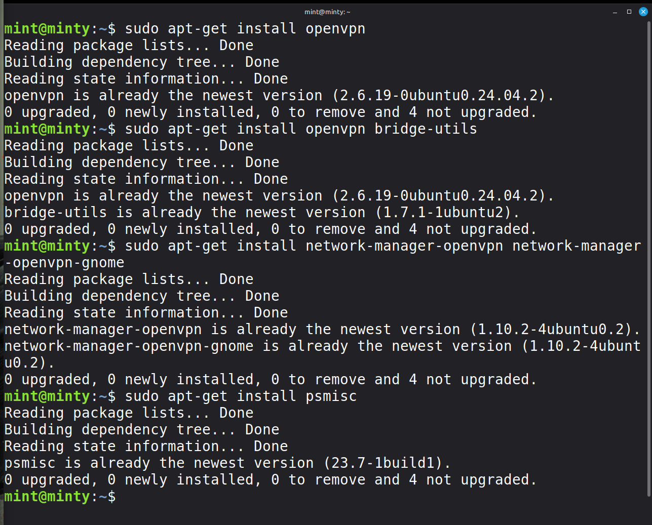 Linux terminal showing commands to install OpenVPN commands.