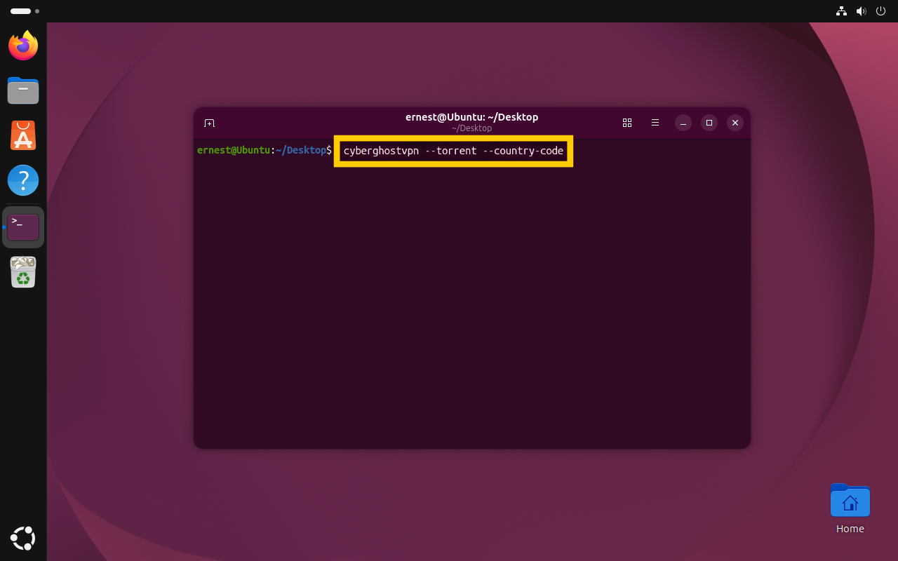 A terminal window showing the command "cyberghostvpn --torrent --country-code" highlighted in a yellow box.