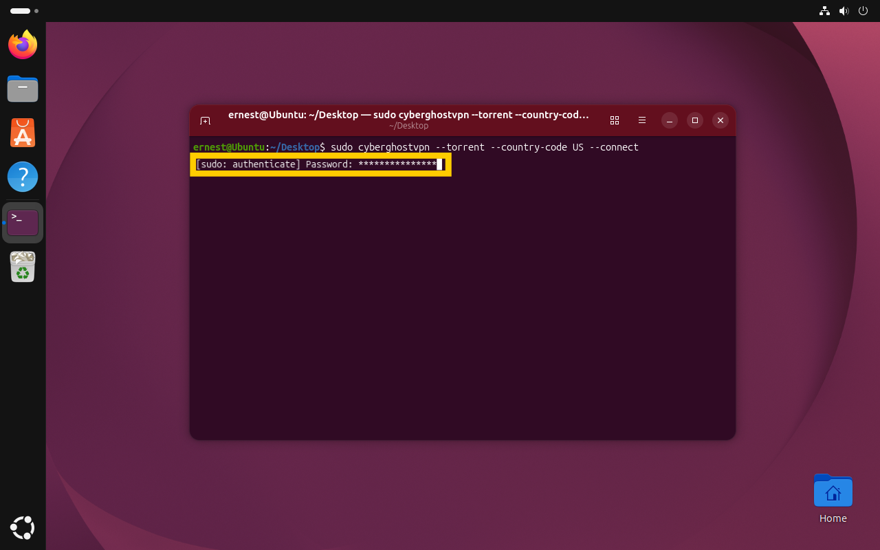 A terminal window showing a sudo password prompt highlighted in a yellow box.