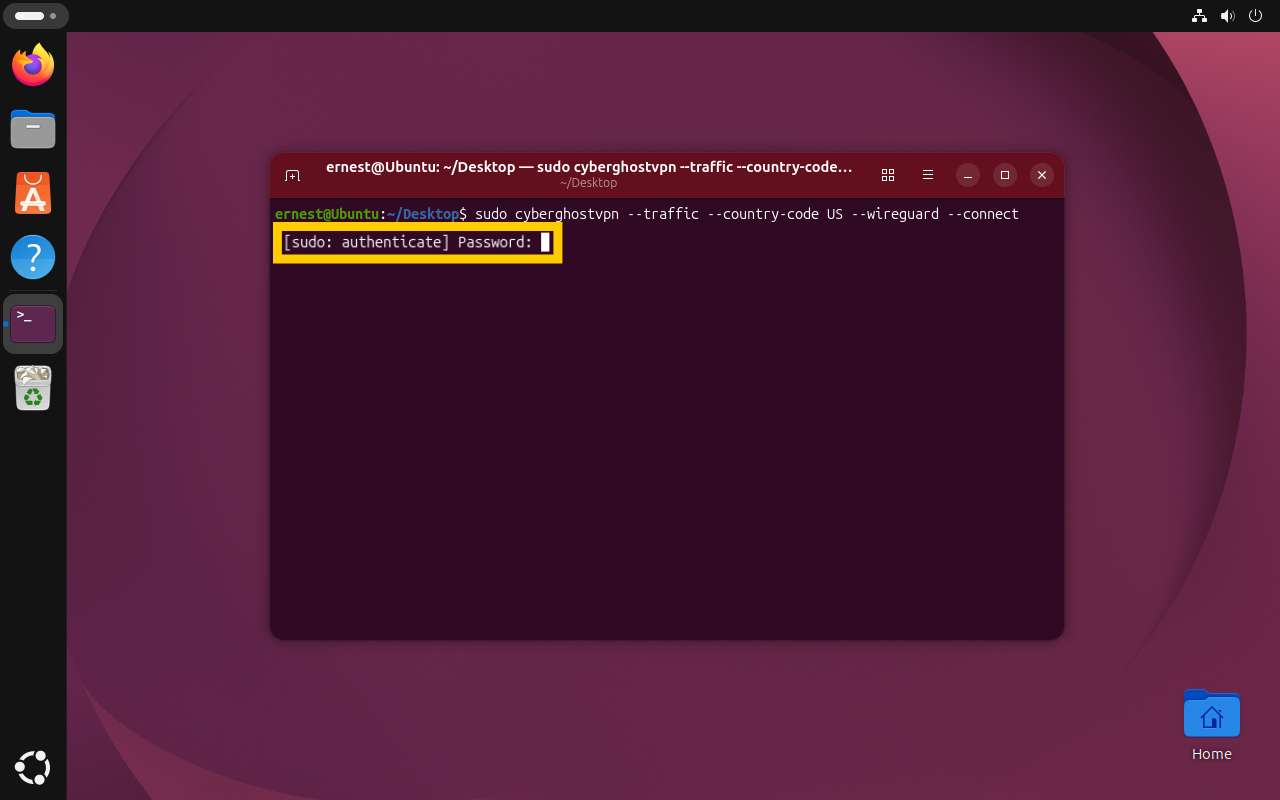 A terminal window displaying a sudo password prompt highlighted with a yellow box.