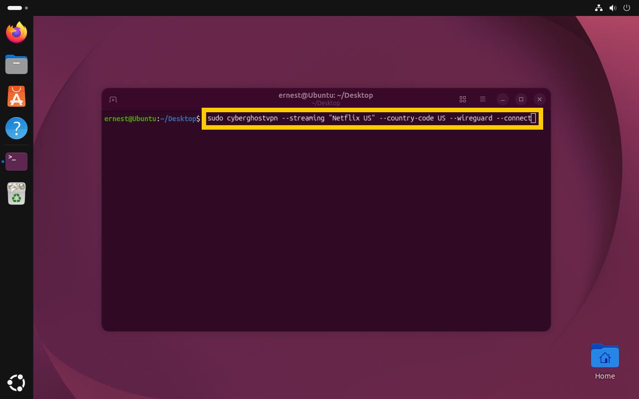 A terminal window showing the command to connect to a streaming profile for Netflix US using the WireGuard protocol.