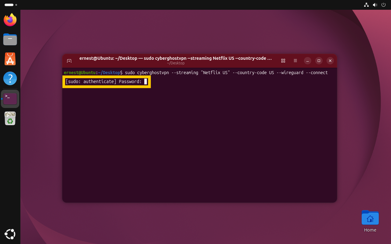 The terminal app showing a sudo password prompt highlighted with a yellow box.