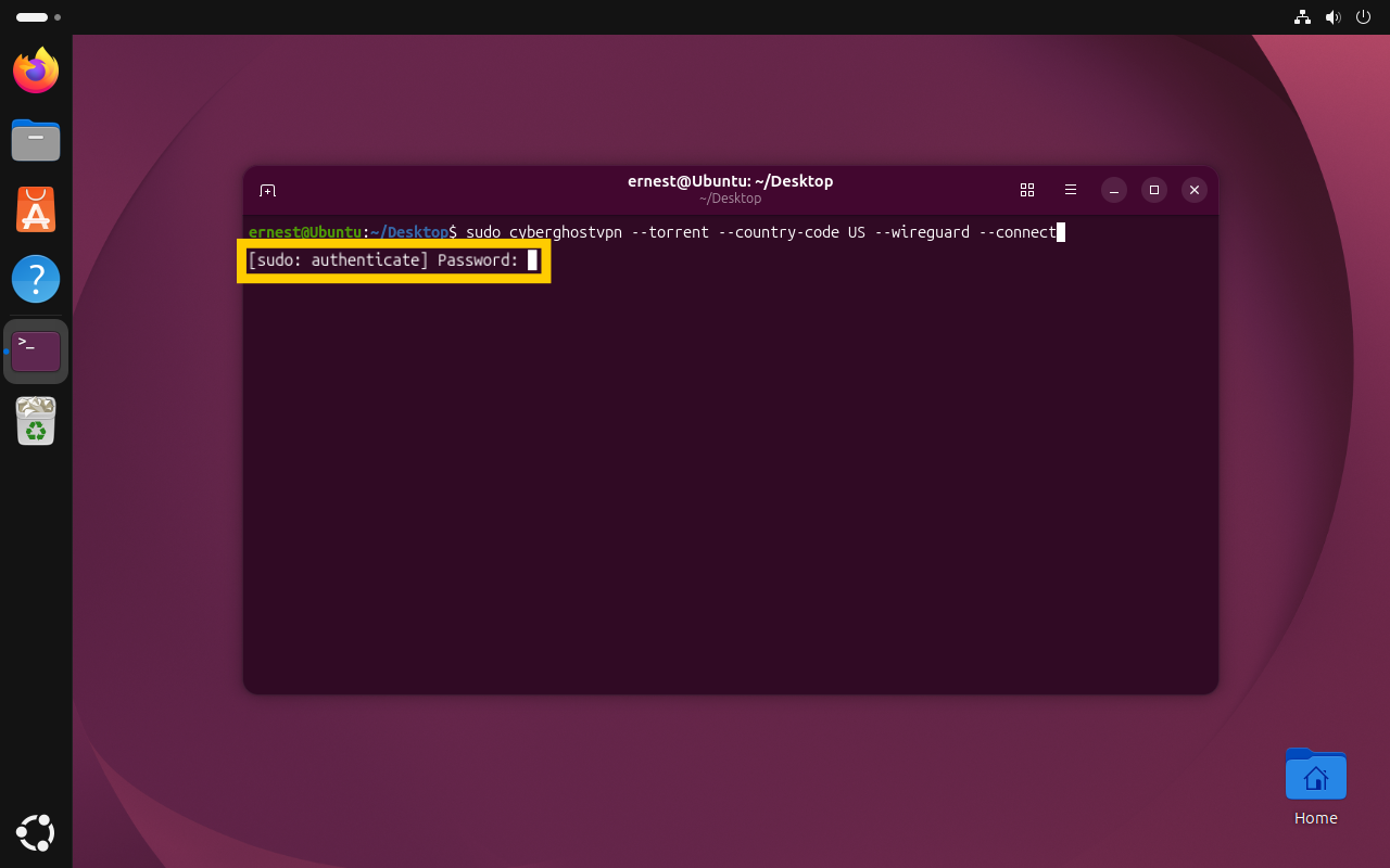 A terminal window displaying a sudo password prompt, highlighted with a yellow box.
