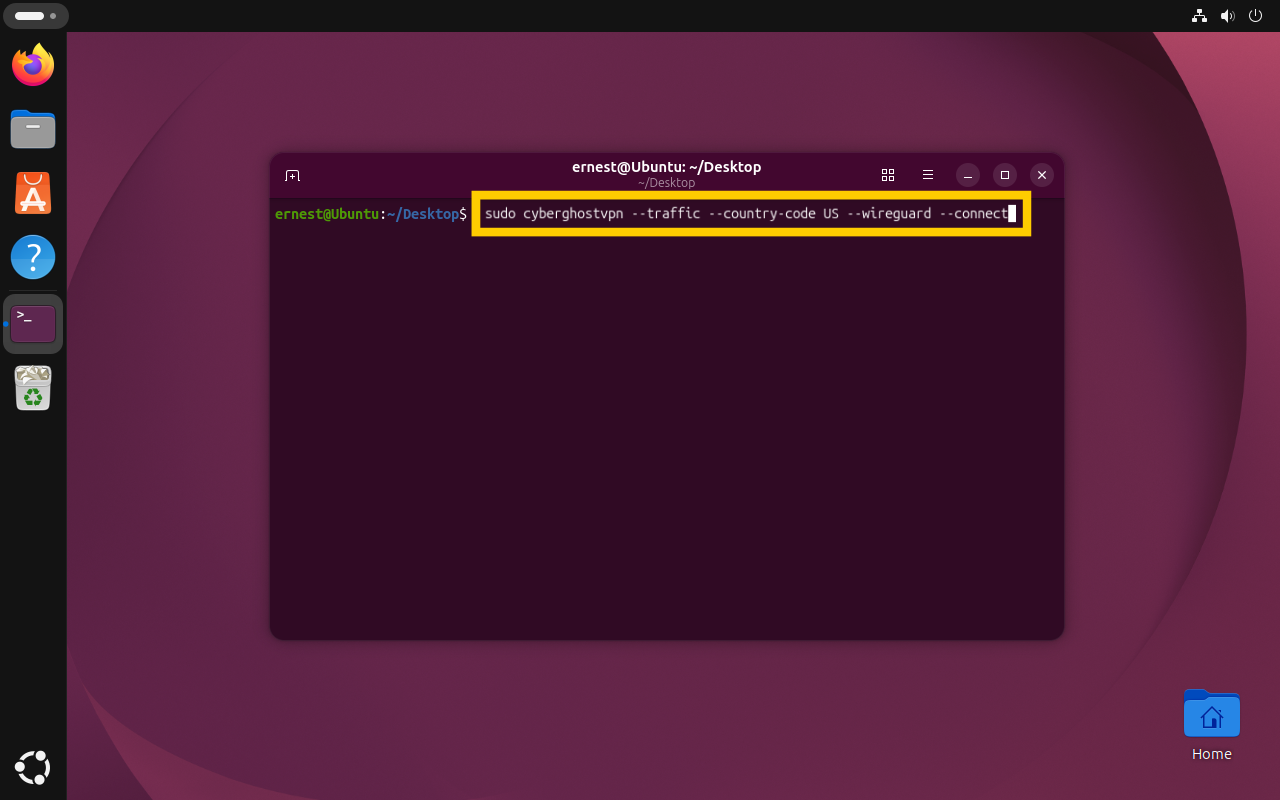 A terminal window displaying the command to connect to a traffic profile in the US using the WireGuard protocol.