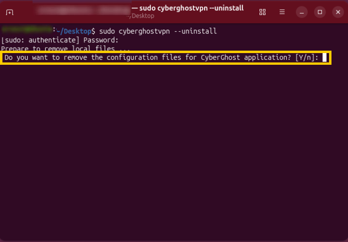A terminal window displaying a prompt asking if the user wants to remove the CyberGhost configuration files, with the query highlighted in a yellow box.