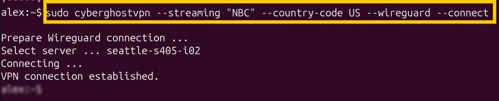 CyberGhost VPN CLI app, showing the command for using WireGuard with a streaming-optimized server location.