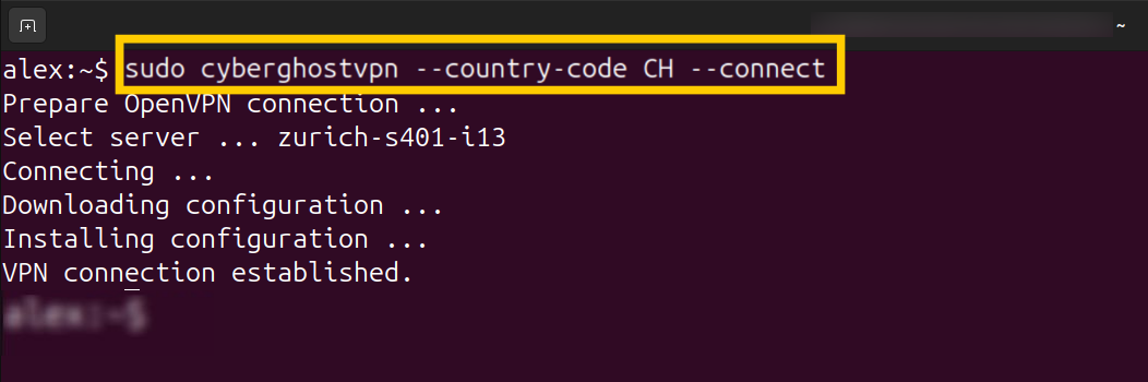 CyberGhost VPN CLI app, showing the command for using WireGuard with regular CyberGhost servers