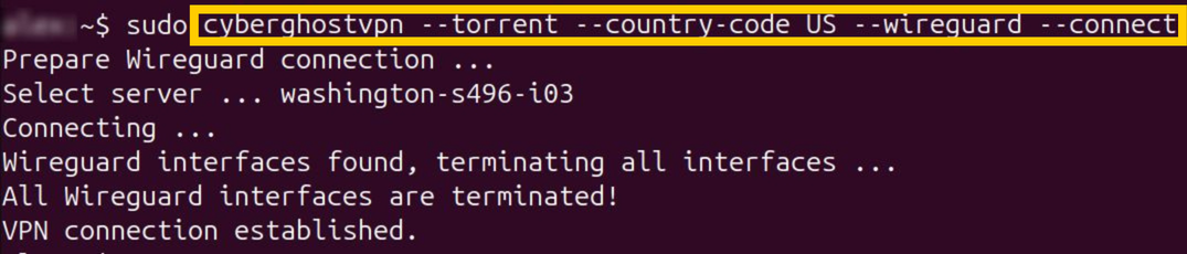 CyberGhost VPN CLI app, showing the command for using WireGuard with a torrenting-optimized server location.