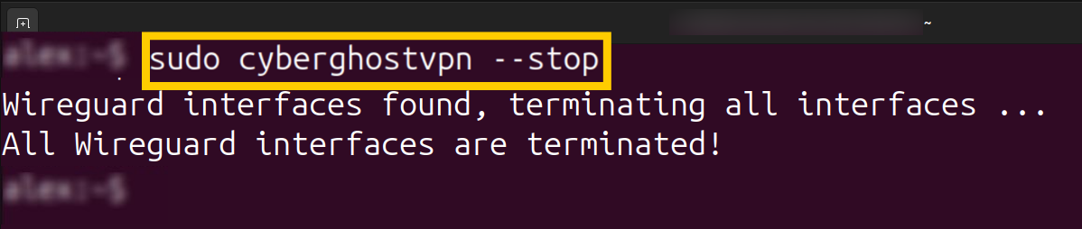 Terminal showing the CyberGhost disconnection command.