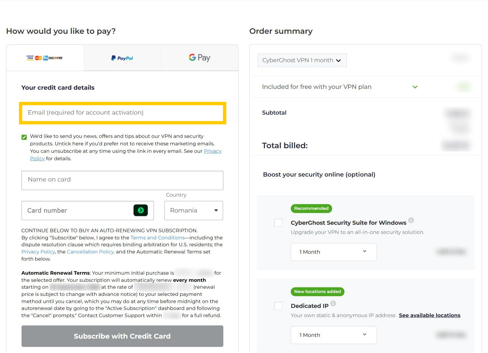 CyberGhost VPN checkout page, showing a highlighted email address field.