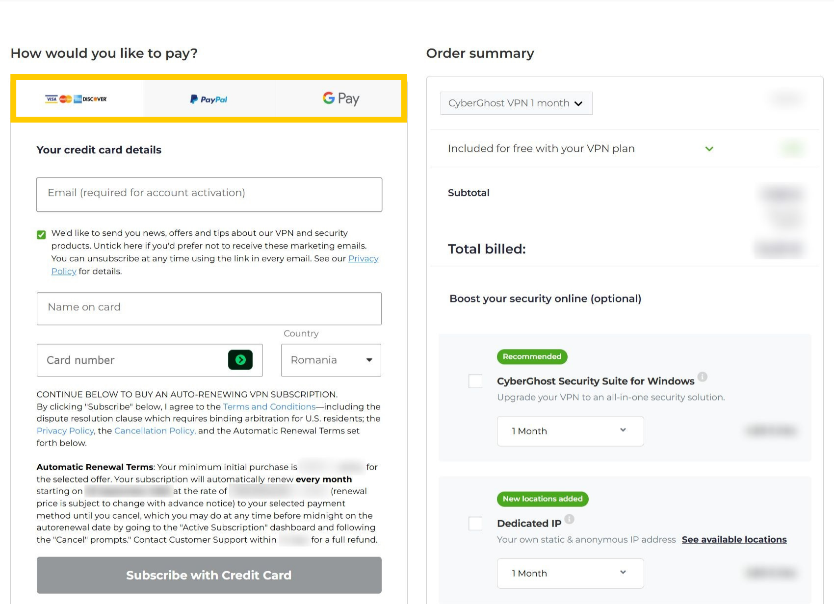 CyberGhost VPN checkout page, showing highlighted payment options.