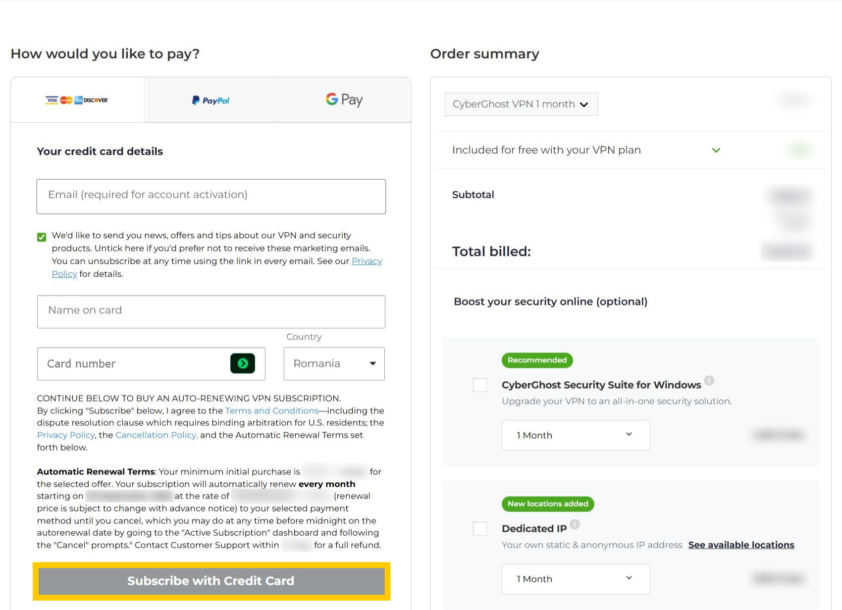 CyberGhost VPN checkout page, showing a highlighted subscribe button.
