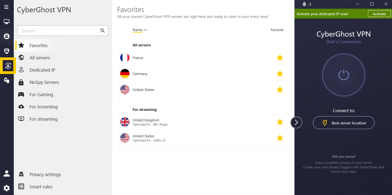 CyberGhost VPN app showing the "Security Updater" option highlighted in the left menu.