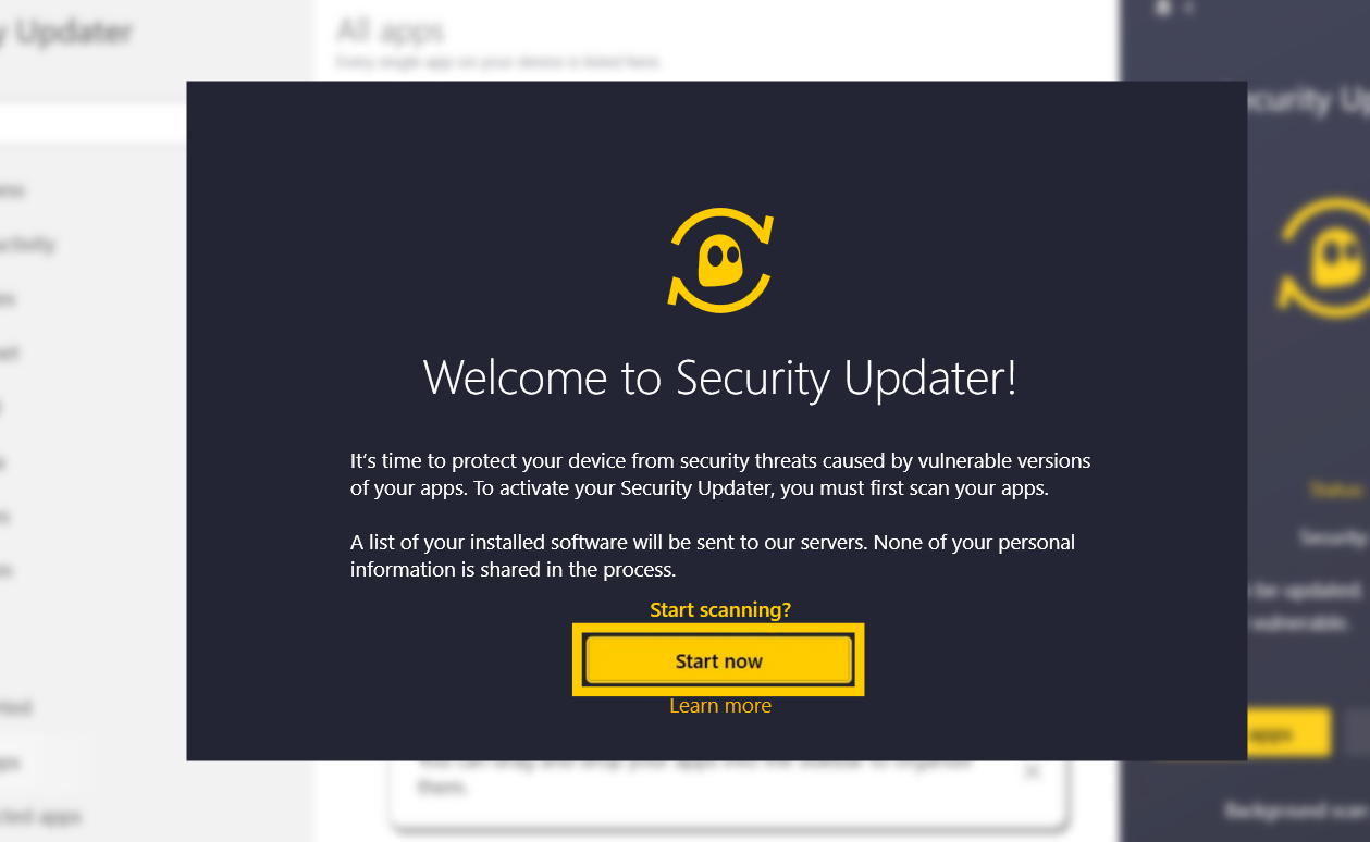 CyberGhost VPN app showing the Security Updater notification and the "Start now" option highlighted.