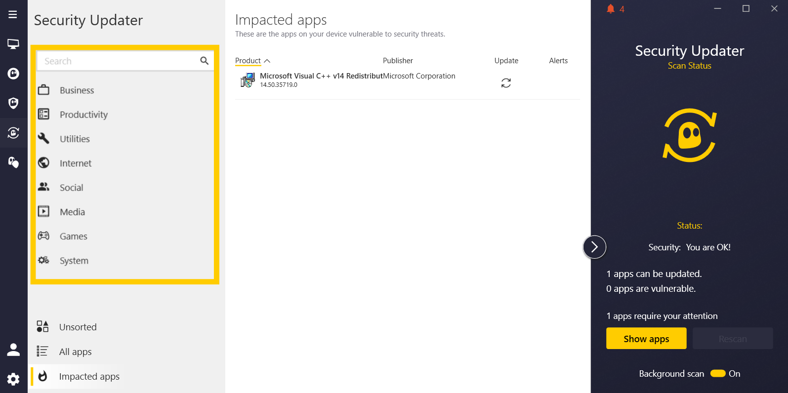 Security updater menu with the search tool and app categories listed