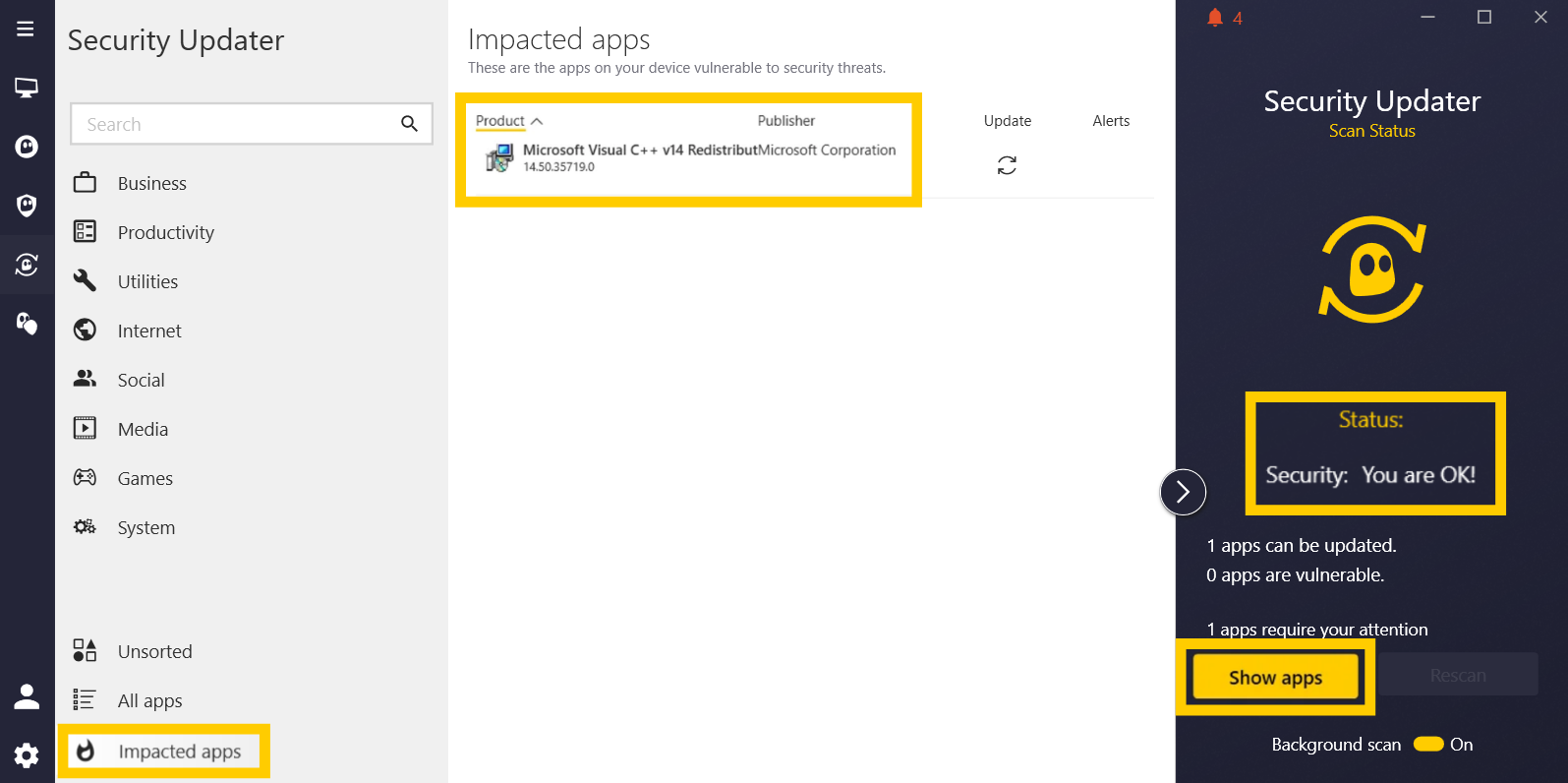 Security Updater section in the CyberGhost VPN app showing the "Show apps" and an outdated app highlighted.