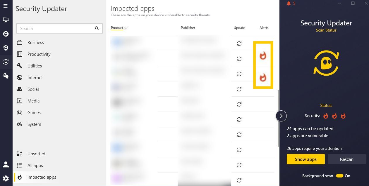 Impacted app list showing security alerts on impacted apps