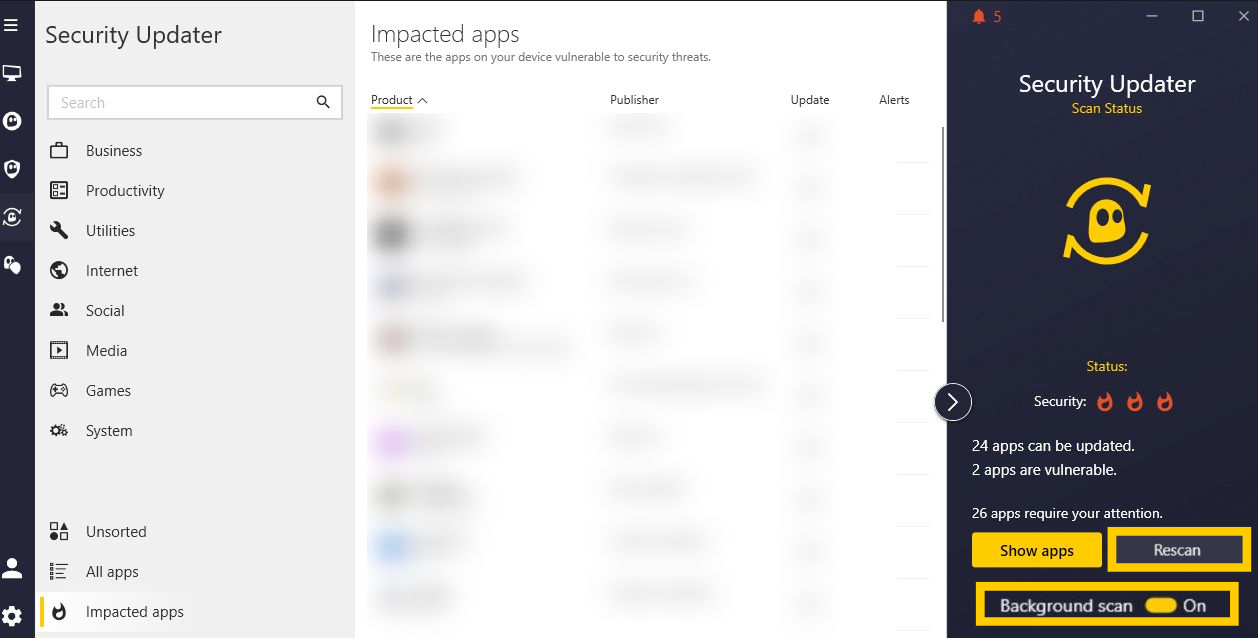 Impacted app screen with option to run a rescan or switch Background scan off
