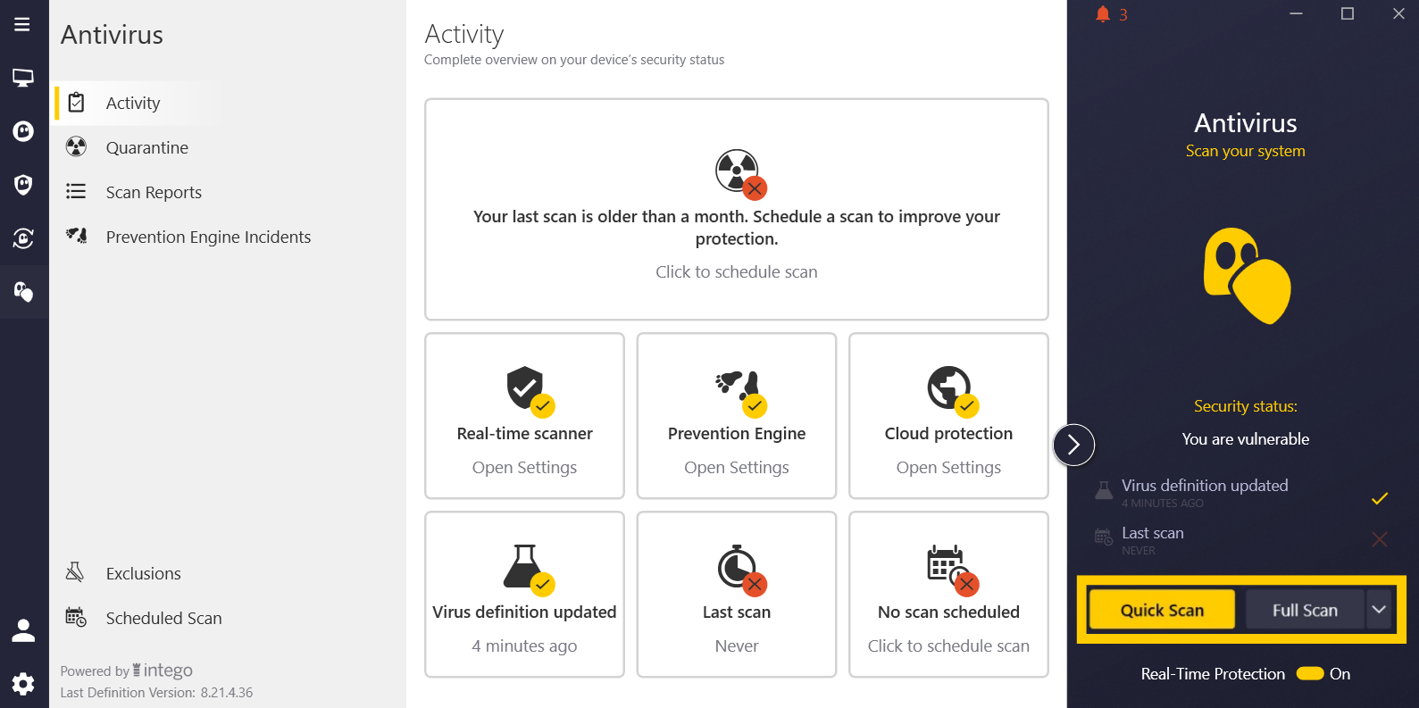 Intego Antivirus showing the "Quick Scan" and "Full Scan" options highlighted.