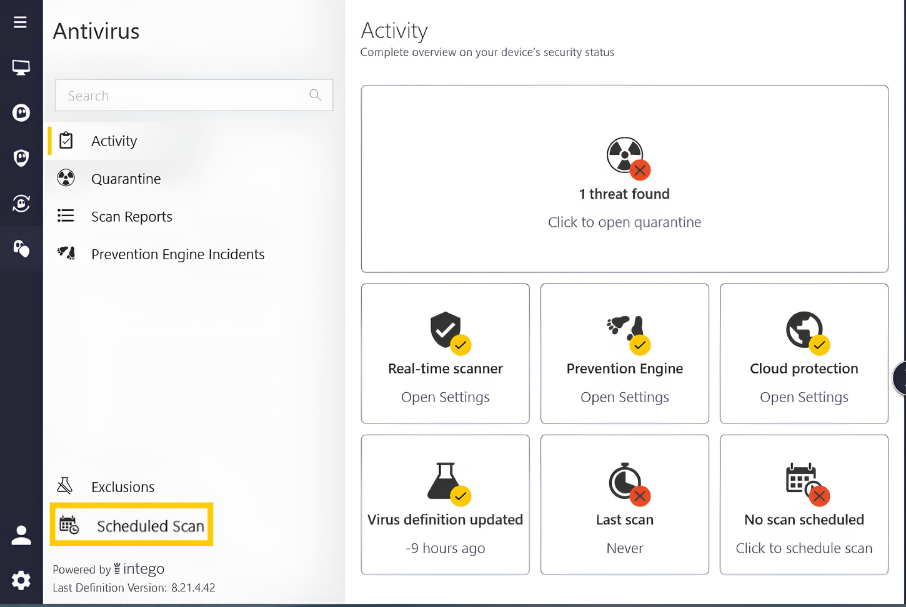 Intego Antivirus showing the "Scheduled Scan" option highlighted in the bottom-left corner.