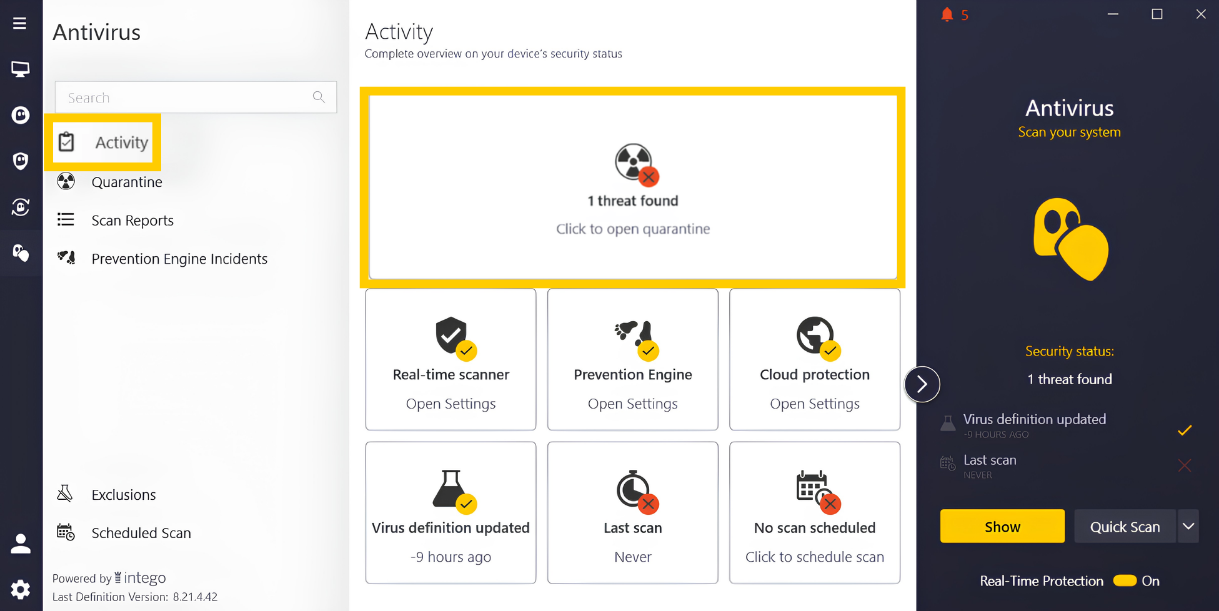 Intego Antivirus window showing the "Activity" and "Quarantine" options highlighted.