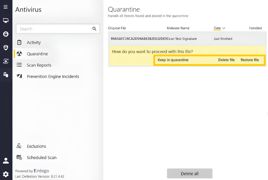Intego Antivirus showing the "Keep in quarantine," "Delete file," and "Restore file" options for a threat in quarantine.