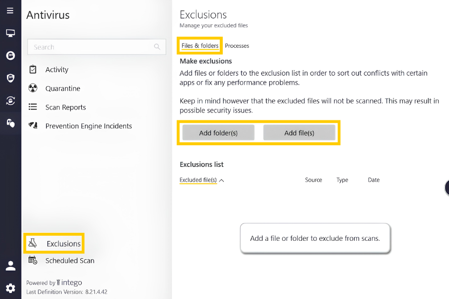 Intego Antivirus showing the "Files & folders" and "Add folder(s)" and "Add file(s)" options highlighted in the Exclusions tab.