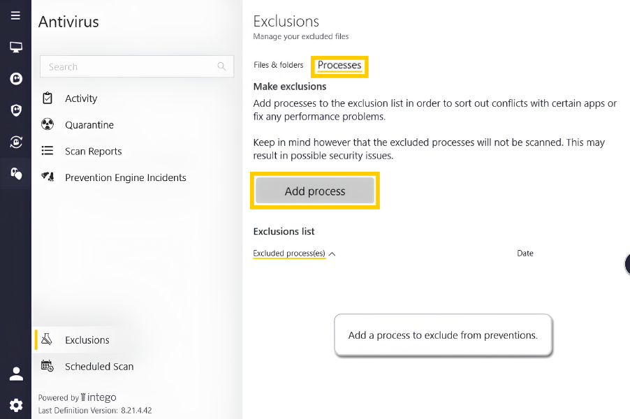 Intego Antivirus showing the "Processes" tab and the "Add process" option highlighted in the Exclusions tab.