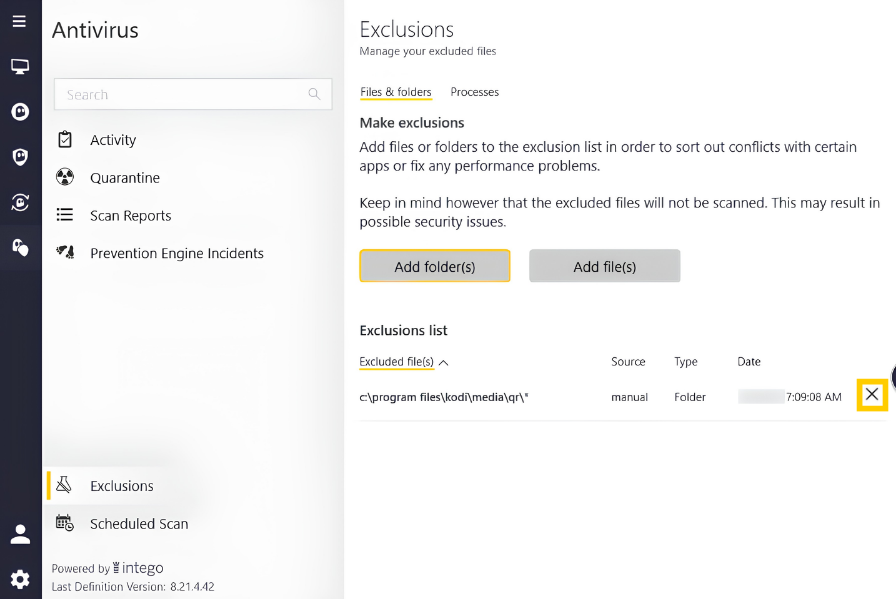 Intego Antivirus showing the "X" button next to an excluded folder.